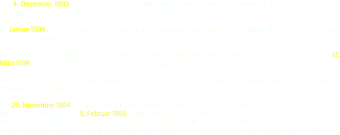Am 4. Dezember 1993 startete der neue Fanclub gemeinsam zur ersten Bundesligafahrt nach München ins Olympiastadion gegen Bayer Leverkusen. Das Spiel ging unentschieden aus (1 : 1). Ab Januar 1994 wechselten wir das Vereinslokal. Der Gasthof „Zum Raubritter“ ist bis heute die Vereinsherberge der Fußballfreunde. Die Bayernfans besinnten sich aber nicht nur auf die Fahrten zu den Spielen des FC Bayern. So hatte man am 12. März 1994 das erste Watterturnier, das bis heute noch jährlich seinen festen Platz im Terminkalender hat. Im selben Jahr zimmerten sich die Mitglieder des Fanclubs eine Verkaufshütte zusammen, mit der man sich beim Bürgerfest beteiligte. Am 20. November 1994 trat nach einigen Unstimmigkeiten die Vorstandschaft zurück. In einer Versammlung am 5. Februar 1995 wählte man einen neuen Vorsitz. Die Vereinsführung übernahm nun Erich Reitinger, sein Stellvertreter wurde Heribert Wagner. Als Kassier wurde Andreas Schäfer gewählt, den Posten des Schriftführers hatte nun Rainer Schuster über.